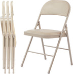 Folding Chair 4 Pack, Leather Padded Foldable Chairs, Sturdy Metal Portable Chairs, Easy to Use and Store, Outdoor and Indoor, for Home, Office, Party, Garden, Kahki