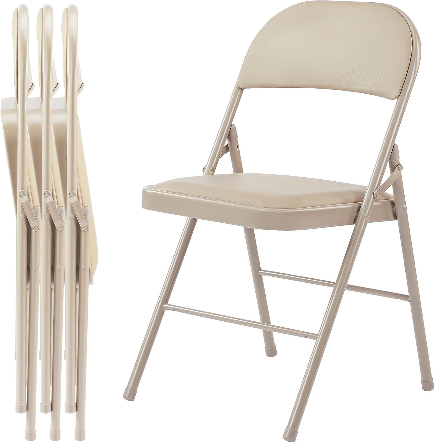 Folding Chair 4 Pack, Leather Padded Foldable Chairs, Sturdy Metal Portable Chairs, Easy to Use and Store, Outdoor and Indoor, for Home, Office, Party, Garden, Kahki