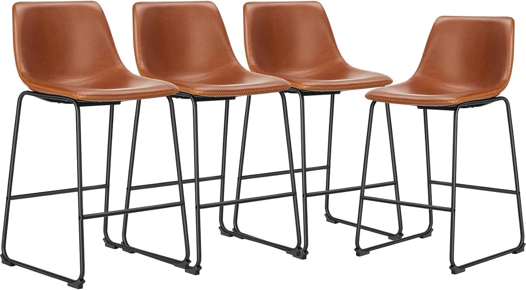 26 Inch Counter Height Bar Stools Set of 4, Modern Faux Leather High Barstools with Back and Metal Leg, Bar Chairs for Kitchen Island, Green