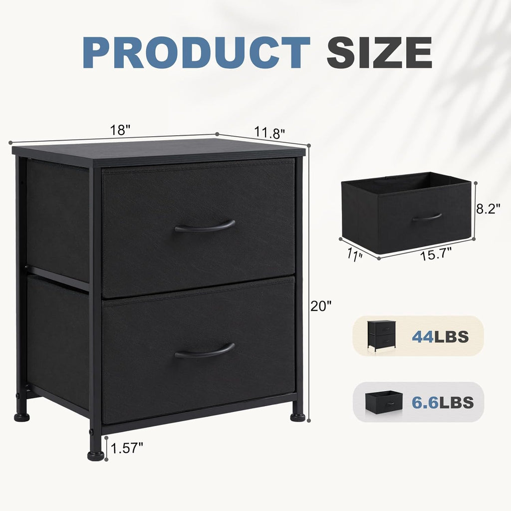 Nightstand Set of 2, Small Dresser with 2 Fabric Drawers Side Bedroom End Table Kids Bedside Storage Furniture for 25 inch Tall Night Stand for Closet, Entryway, College Dorm, Classic Black