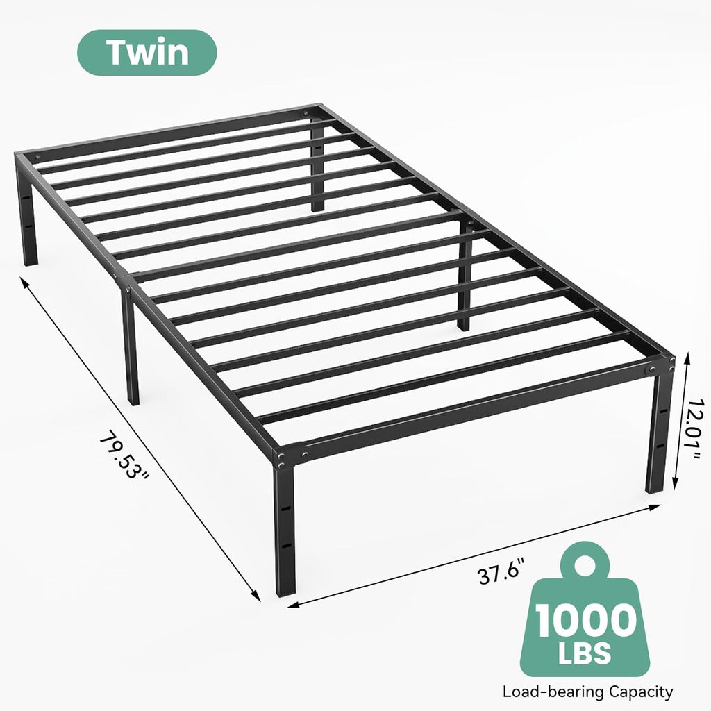 Twin Bed Frame, Heavy Duty Sturdy 12 Inch Metal Platform Bed Frames, Enhanced Stability & Noise-Free, Under-Bed Storage, No Box Spring Needed, Easy Assembly