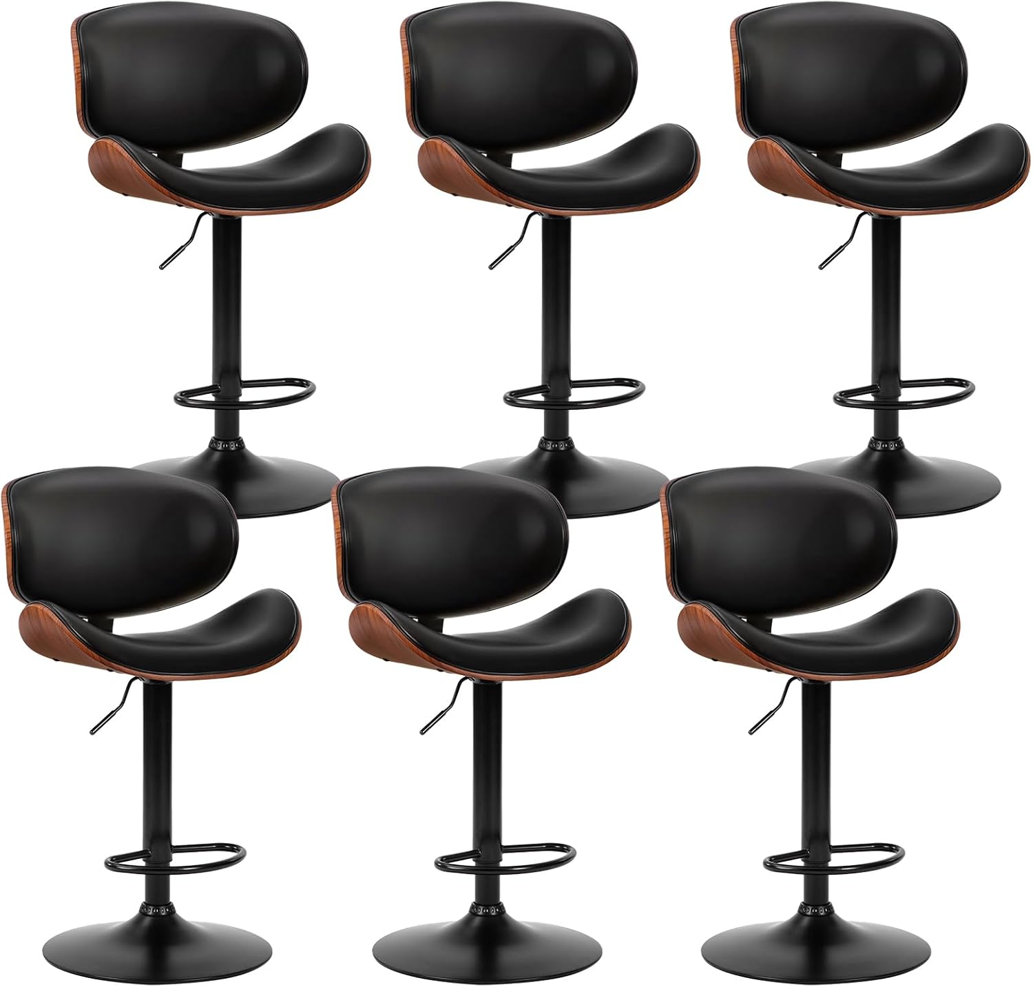 Swivel Bar Stools Set of 2, Adjustable Counter Height Bentwood BarStools, PU Leather Upholstery Bar Chair with Ergonomic Back and Footrest, Counter Stools for Bar, Home Kitchen Island, Brown