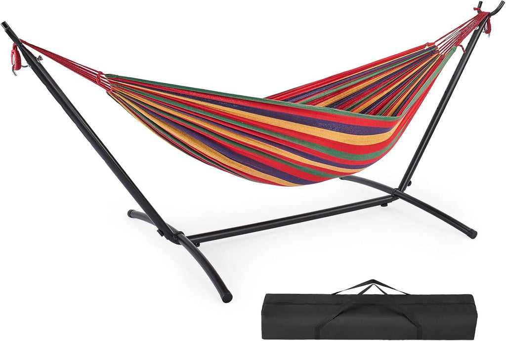 Double Hammock with Space Saving Stand, Heavy Duty Steel Frame, Portable for Outside & Indoor Use, 450lbs Capacity, Easy Assembly, Carrying Bag Included, Beige