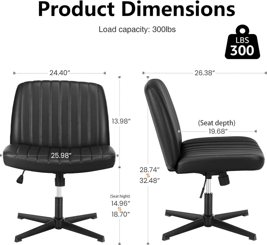 Criss Cross Legged Chair Wide Comfy Home Office Desk Seat, No Wheels Armless Computer Task Seating, Swivel Vanity Chair Height Adjustable for Makeup Bedroom, Leather Black