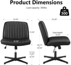 Criss Cross Legged Chair Wide Comfy Home Office Desk Seat, No Wheels Armless Computer Task Seating, Swivel Vanity Chair Height Adjustable for Makeup Bedroom, Leather Black
