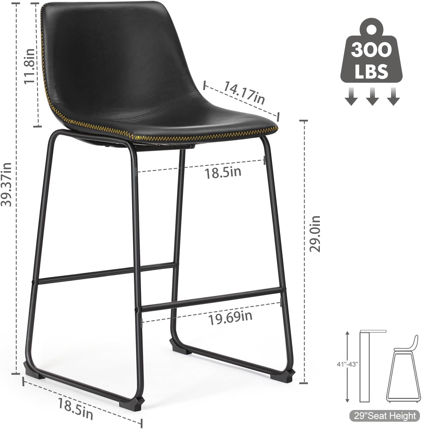 Counter Height Bar Stools Set of 4, 30 inch Height Stool Faux Leather Barstools with Back, Armless Kitchen Island Countertop Comfortable Modern Chairs with Metal Legs, Elegant Black