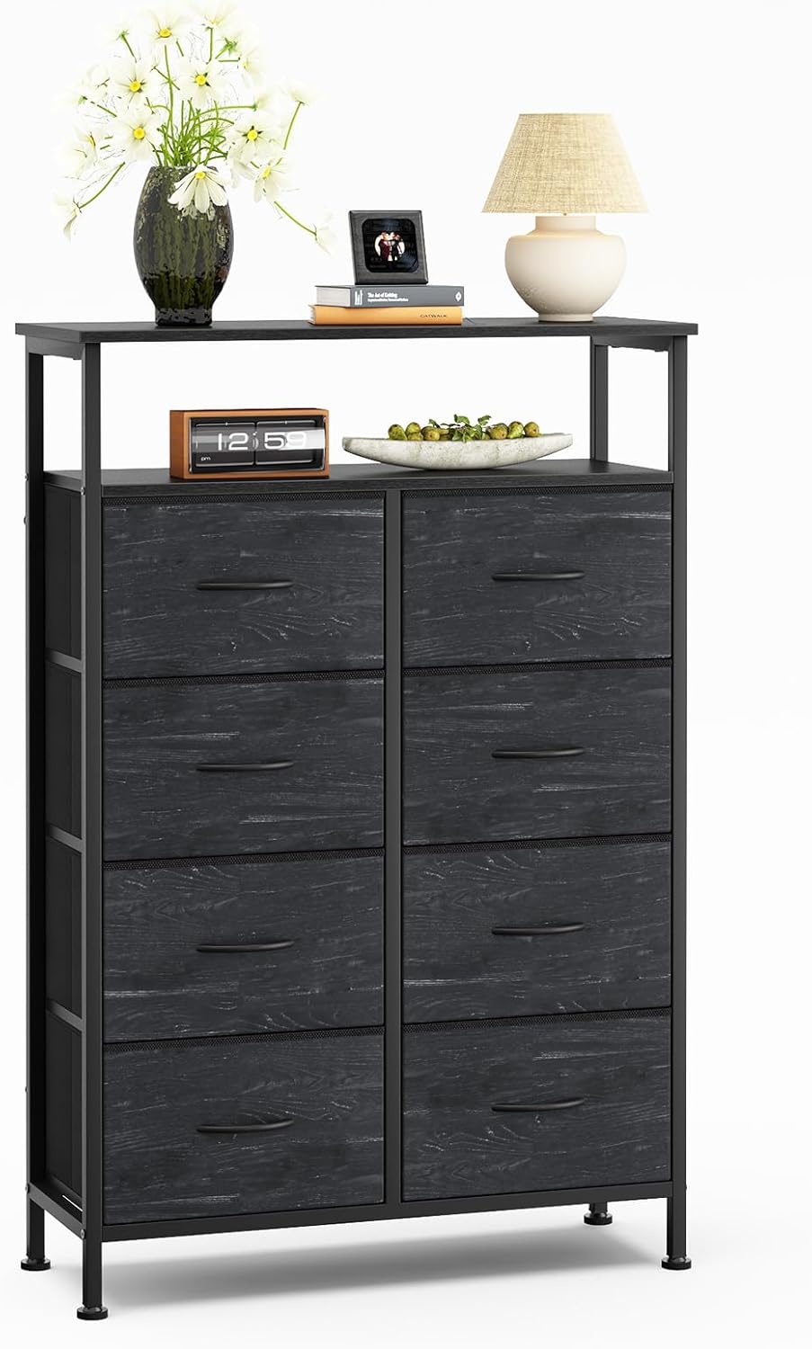 TV Stands for Living Room with 8 Drawers, Tall 8-Drawer Chest of Drawers with Raised Shelf, Storage Tower with Fabric Bins for Organization, Hallway Storage, Black