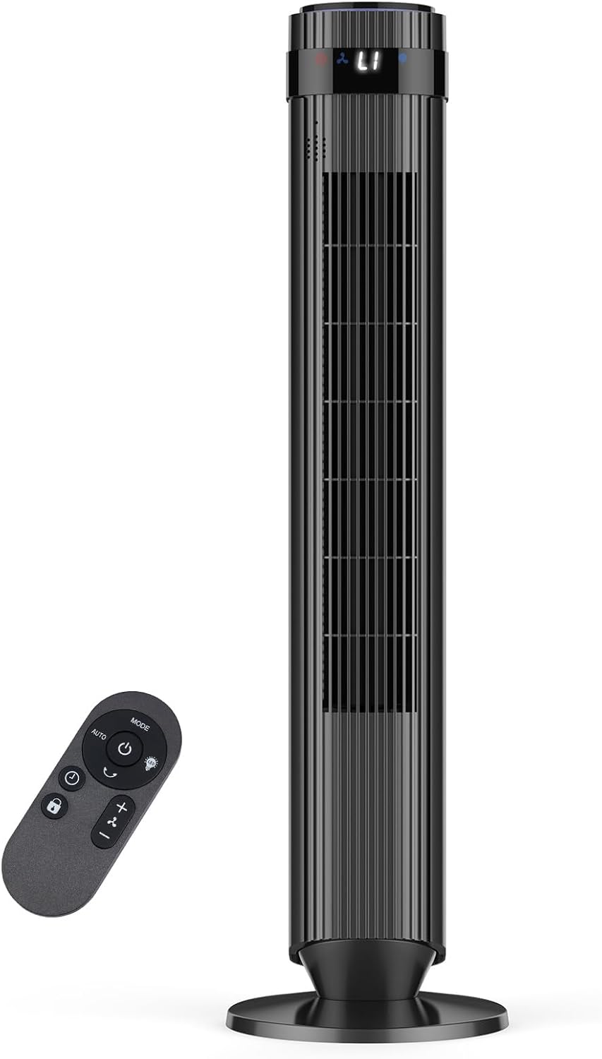 Tower Fan for Bedroom, 28dB Quiet Floor Standing Fan with Remote, 12H Timer, 5 Speeds, 4 Modes, LED Display, Portable Bladeless Oscillating Cooling Fan for Indoor, Home, Office - Silver