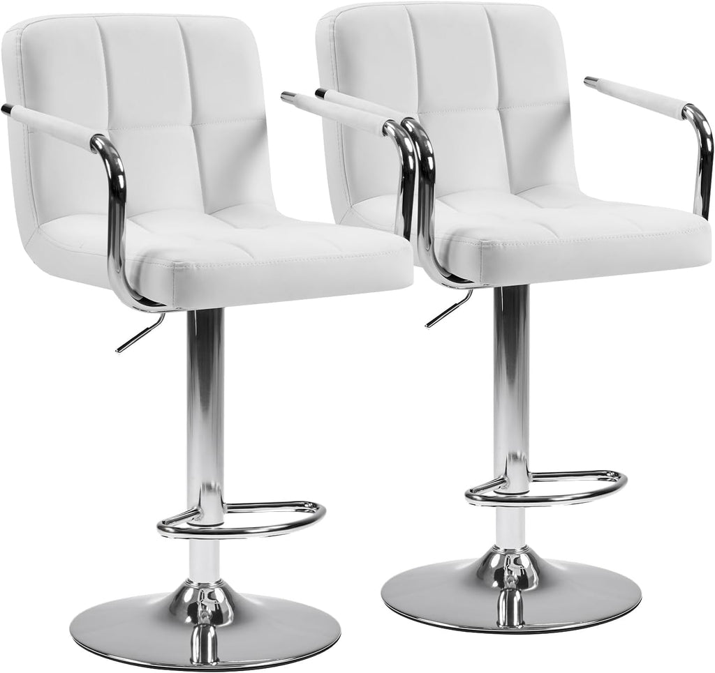 Bar Stools Set of 4, Adjustable Swivel Bar Chairs with Padded Armrests and Ergonomic Backrest for Kitchen Island Counter Pub Dining Room, Water-Resistant PU Leather, White