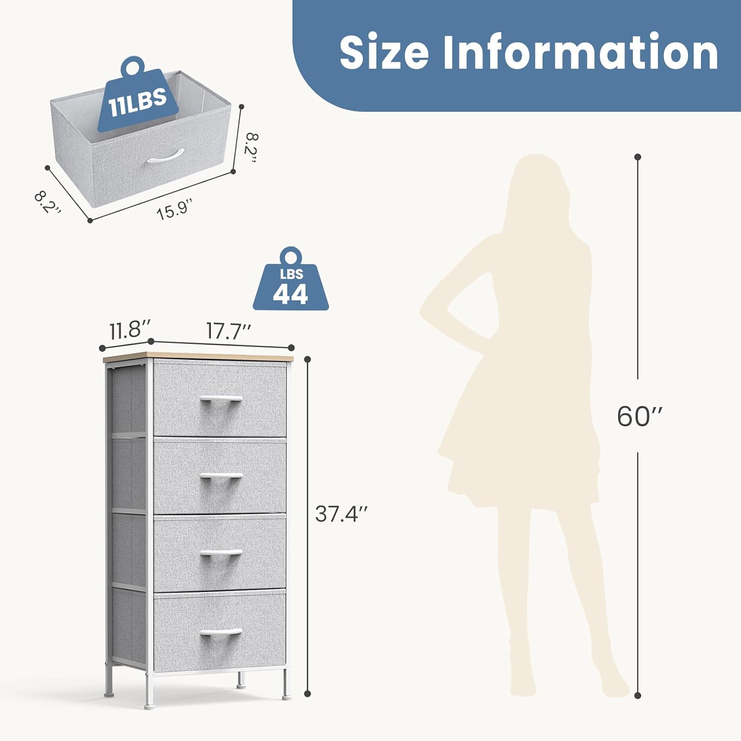 Nightstand with 4 Drawers Bedside Table with Removable Fabric Bins Sturdy Steel Frame Wood Top Organizer Furniture for Bedroom Closet Living Room,Light Gray