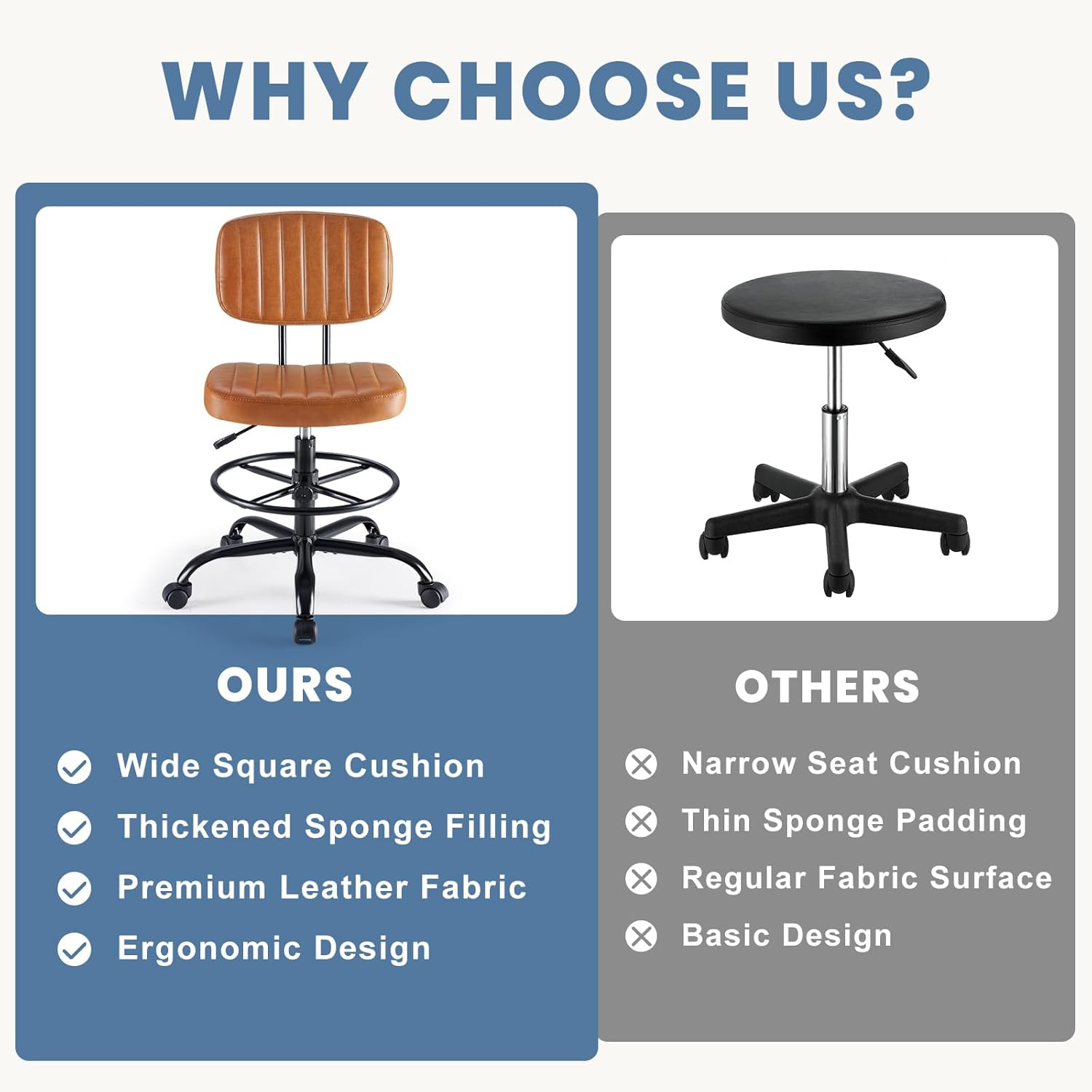 Armless Drafting Chair, Low Back Office Seat with Adjustable Footrest Ring for Standing Desk, Ergonomic PU Leather Office Seating, Swivel Rolling High Stool for Studio, Lab, Counter, Brown