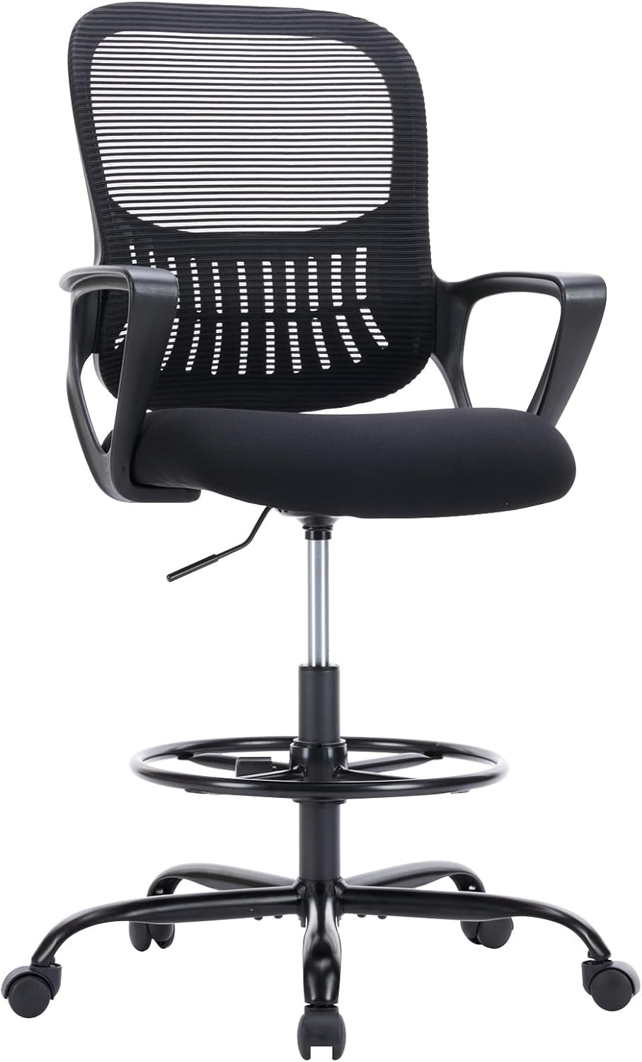 Drafting Chair - Counter Height Adjustable Tall Office Desk Chair with Fixed Armrests and Comfortable Lumbar Support for Standing Desk, Deep Black