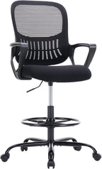 Drafting Chair - Counter Height Adjustable Tall Office Desk Chair with Fixed Armrests and Comfortable Lumbar Support for Standing Desk, Deep Black