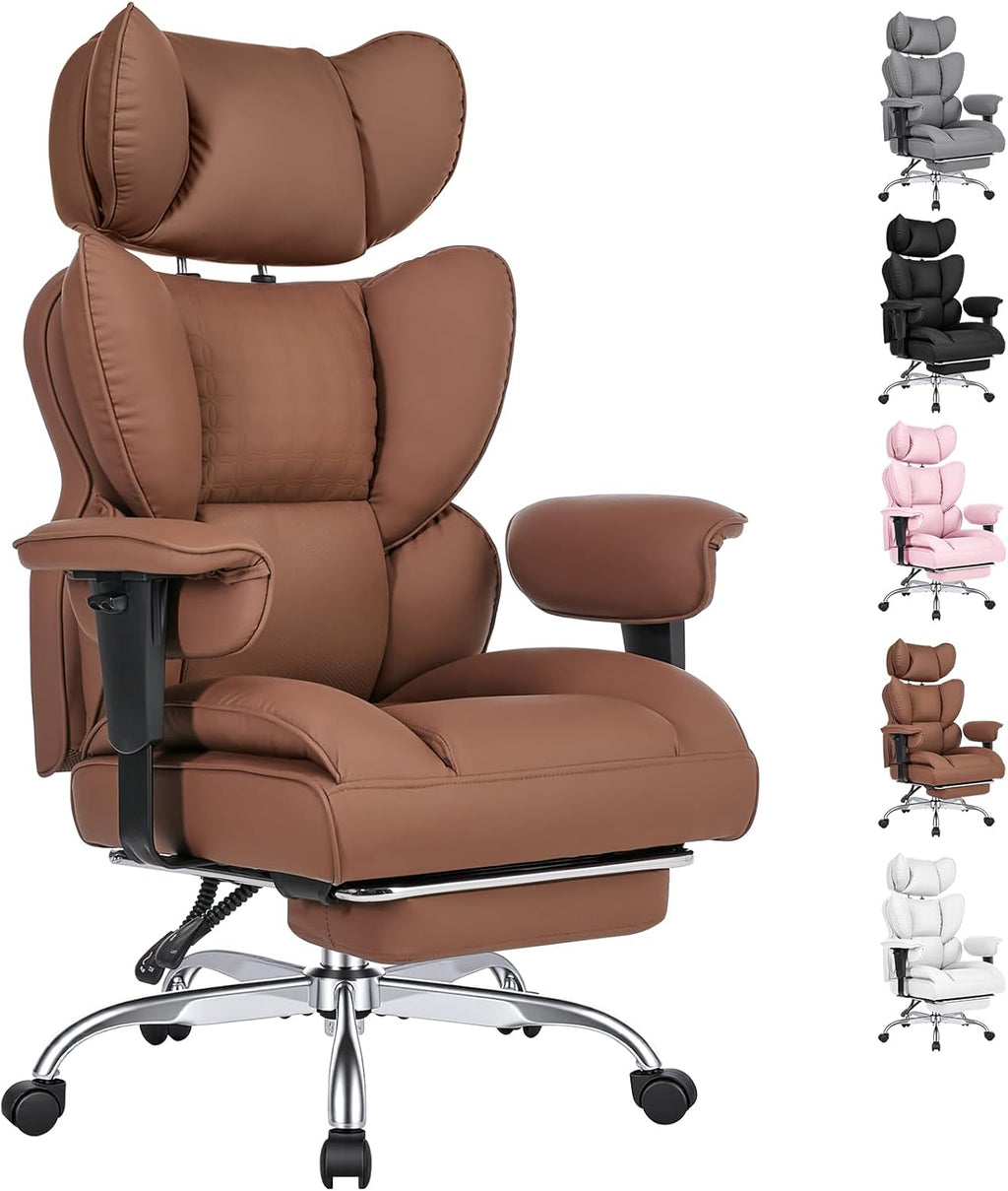 Big and Tall Home Office Desk Chair, Gaming Computer Chair, Executive Ergonomic Chair with Footrest, High Back Reclining, Adjustable Armrests and Comfy Lumbar Support, PU Leather, Grey
