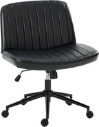 Criss Cross Chair with Wheels Wide Cross Legged Office Desk Vanity Chair Comfy Fabric Armless Adjustable Swivel for Home Computer Task PU Black