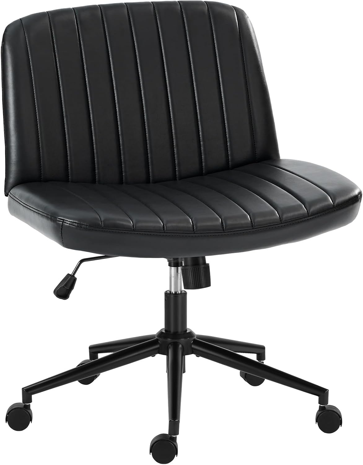 Criss Cross Chair with Wheels Wide Cross Legged Office Desk Vanity Chair Comfy Fabric Armless Adjustable Swivel for Home Computer Task PU Black
