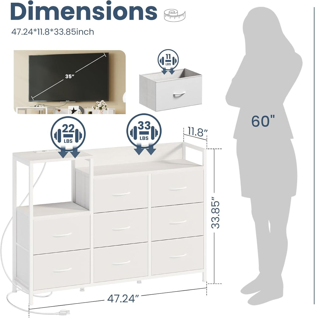 TV Stand Dresser with 8 Fabric Drawers & Open Shelves, TV Stand for Up to 45 inch TV with Wooden Top, Entertainment Center with Charging Station for Living Room, Hallway, White