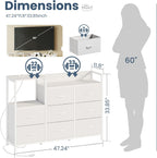 TV Stand Dresser with 8 Fabric Drawers & Open Shelves, TV Stand for Up to 45 inch TV with Wooden Top, Entertainment Center with Charging Station for Living Room, Hallway, White