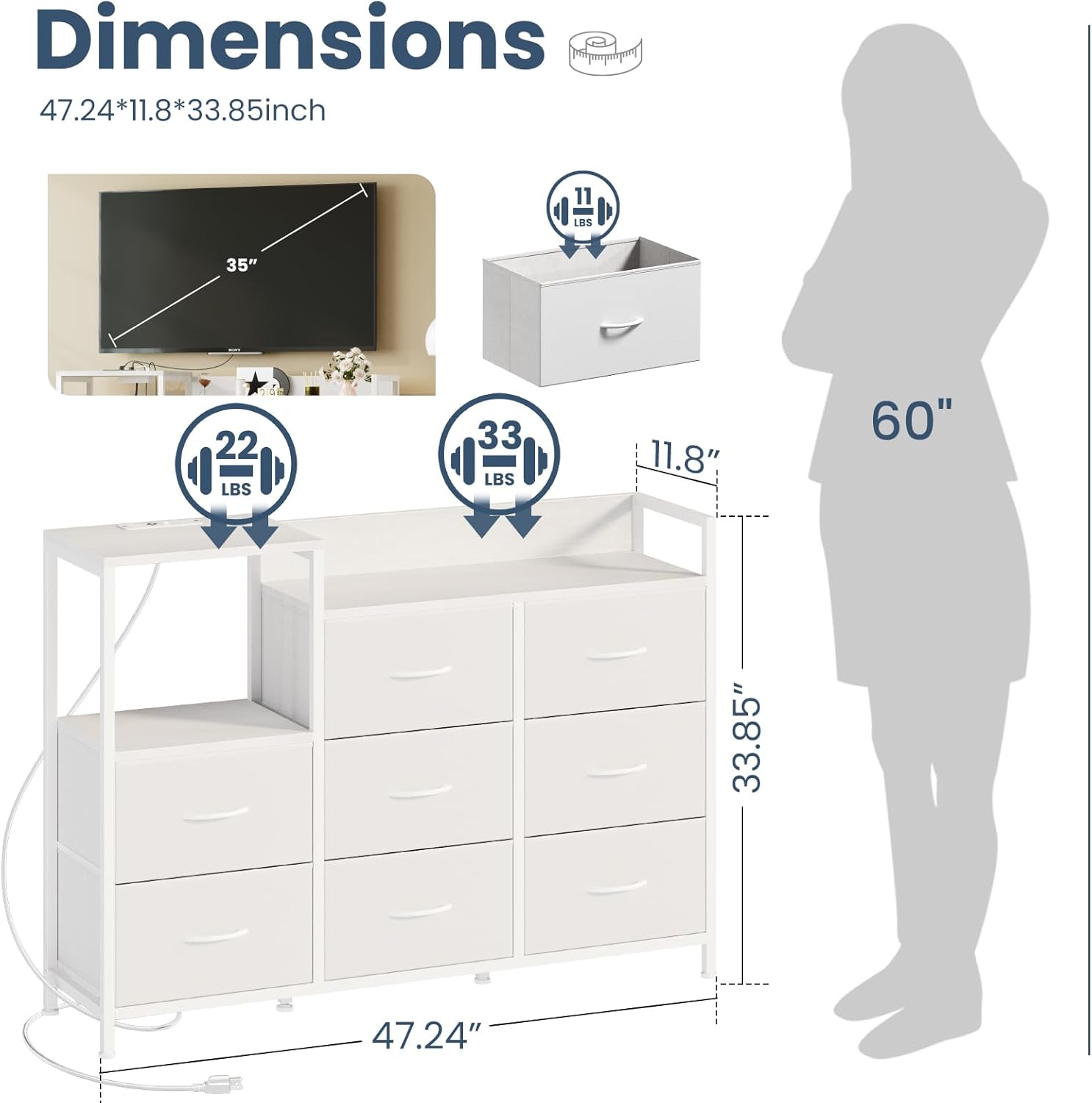 TV Stand Dresser with 8 Fabric Drawers & Open Shelves, TV Stand for Up to 45 inch TV with Wooden Top, Entertainment Center with Charging Station for Living Room, Hallway, White