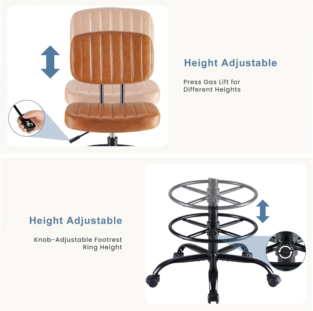 Armless Drafting Chair, Low Back Office Seat with Adjustable Footrest Ring for Standing Desk, Ergonomic PU Leather Office Seating, Swivel Rolling High Stool for Studio, Lab, Counter, Brown