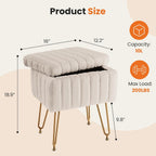 Vanity Stool Chair, Ottoman with Storage, Makeup Cute Soft Small Footstool, Modern Style Faux Fur Seat with 4 Metal Legs & Adjustable Feet for Dressing, Living Room Bedroom Dorm, Camel
