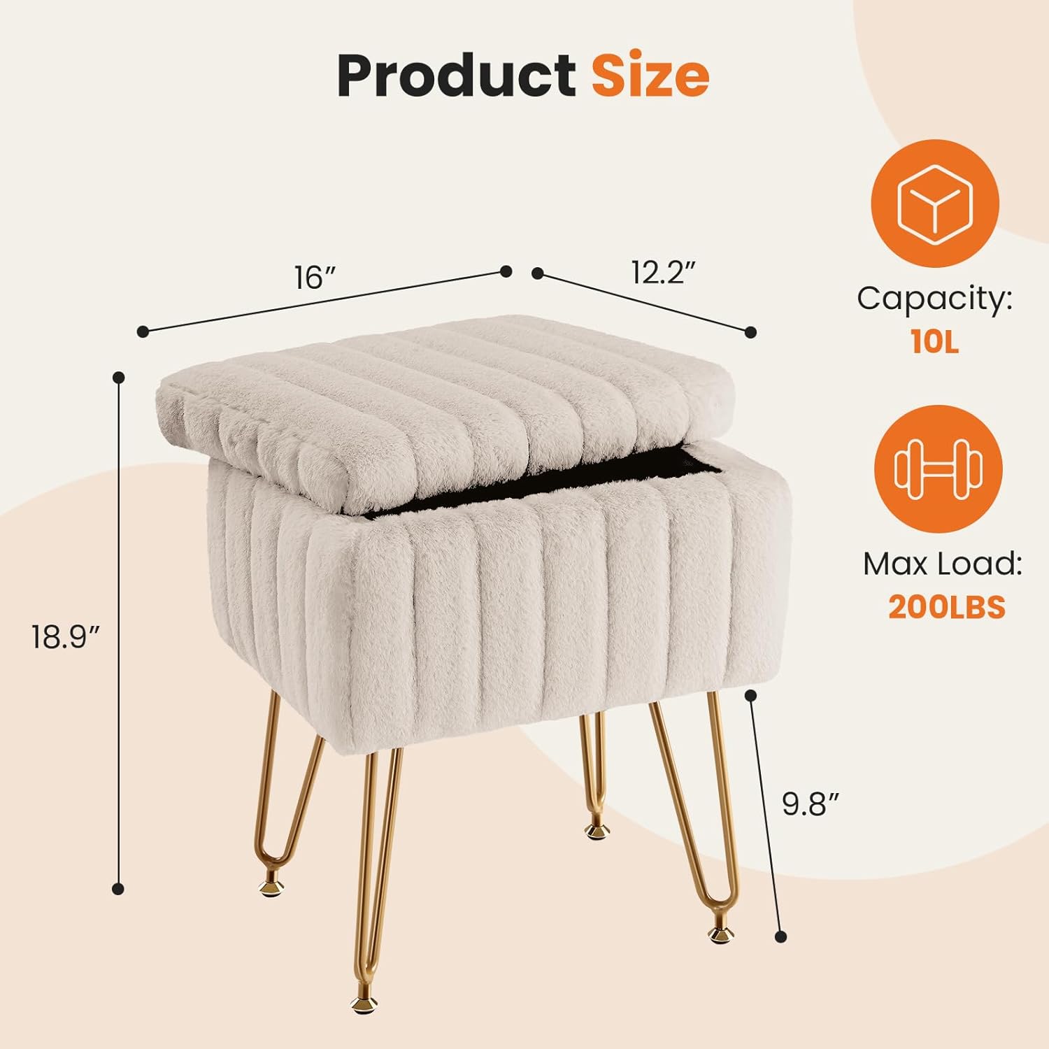 Vanity Stool Chair, Ottoman with Storage, Makeup Cute Soft Small Footstool, Modern Style Faux Fur Seat with 4 Metal Legs & Adjustable Feet for Dressing, Living Room Bedroom Dorm, Camel