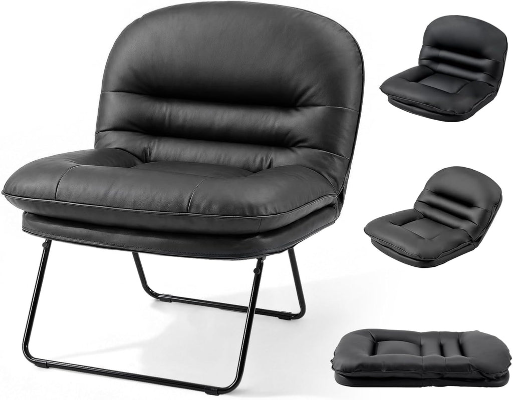 Comfy Saucer Chair,PU Leather Foldable Chairs for Bedroom, Dorm & Gaming, Fashion Floor Chair with Back Support for Small Spaces,Snow White