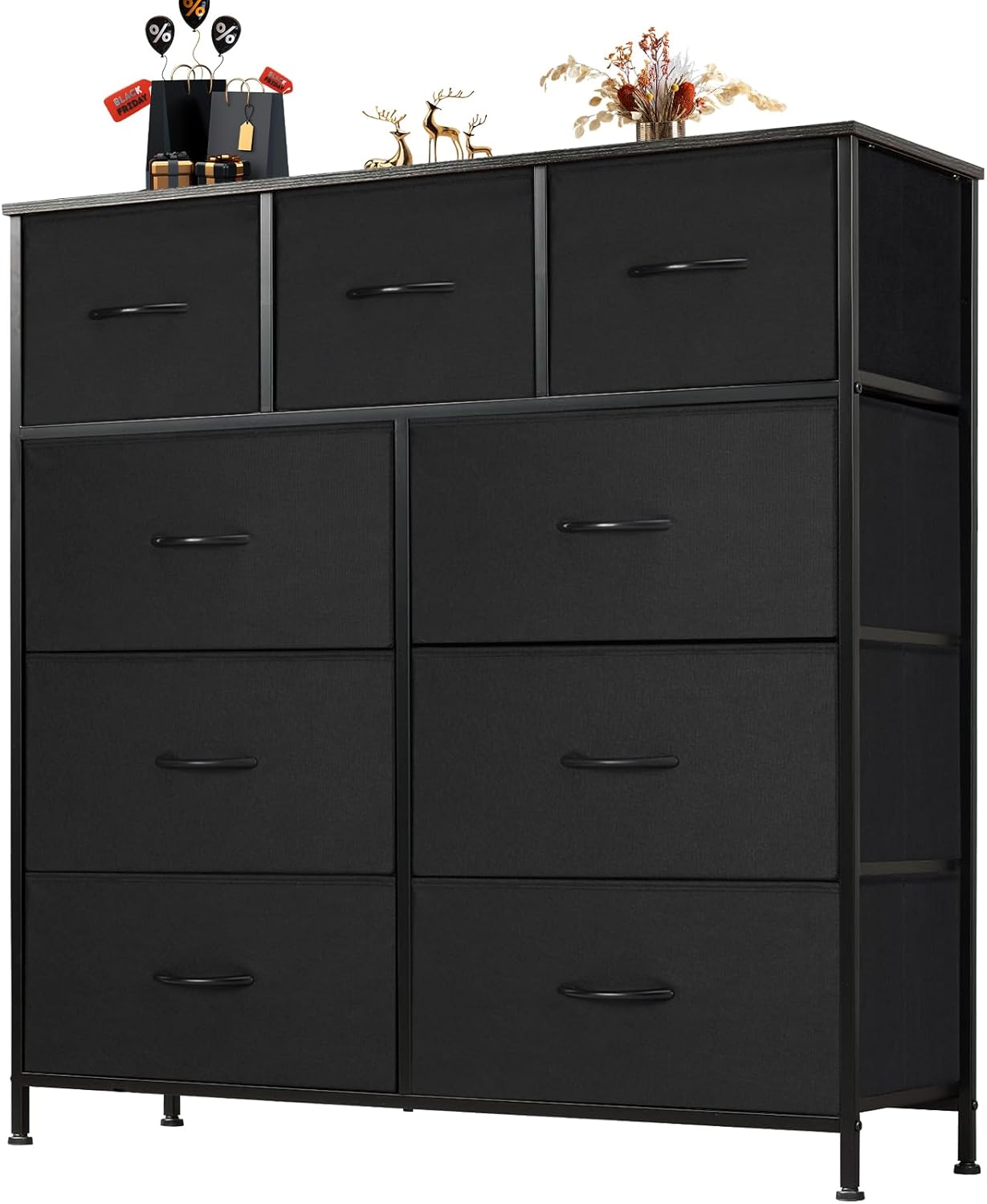 Dresser for Bedroom with 9 Storage Drawers, Large Fabric Storage Tower Organizer, Chest of Drawers with Metal Frame Wooden Top for Closet, Living Room, Entryway, Brown