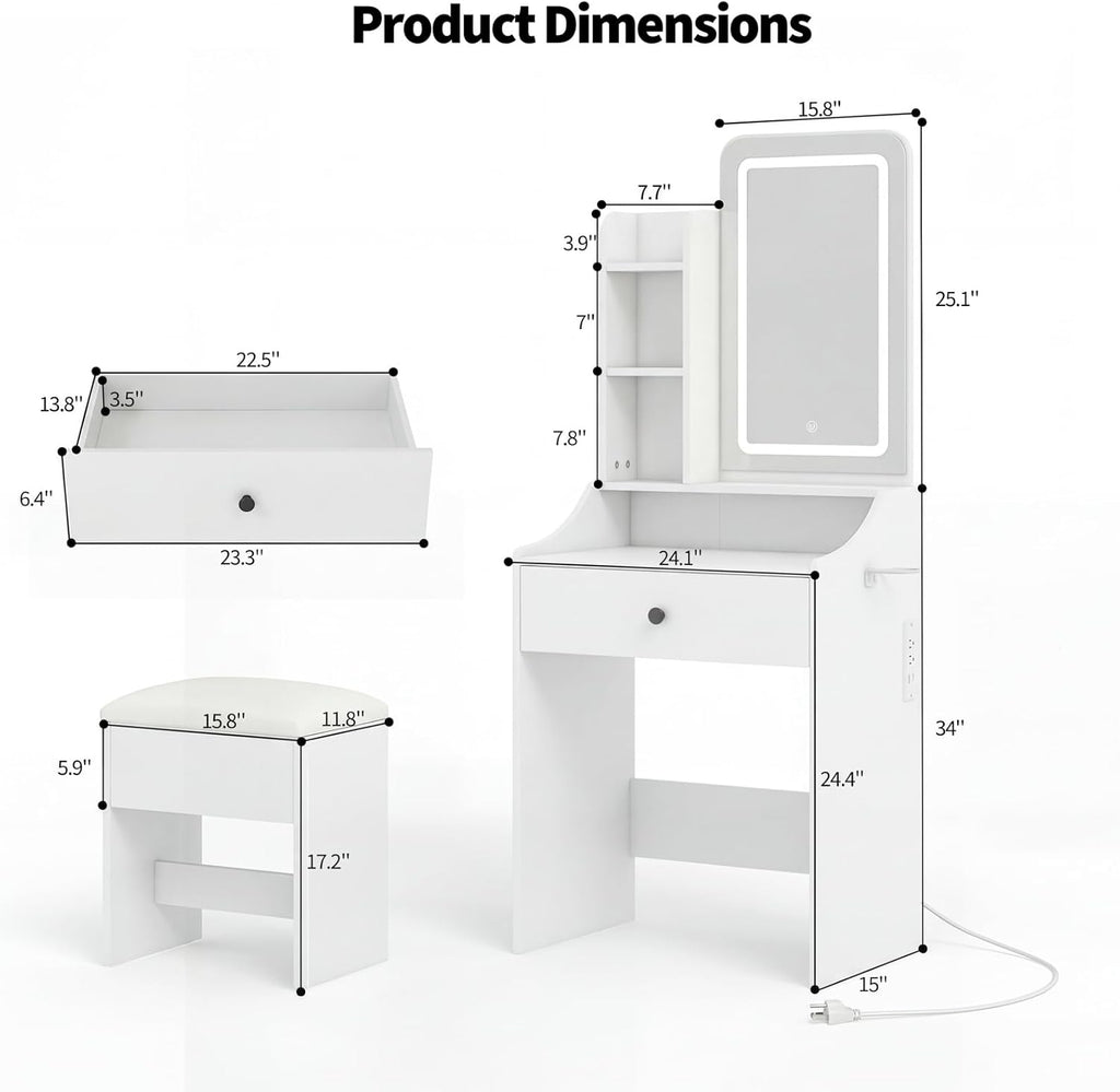 Makeup Vanity Desk, Vanity Table Set with Mirror and Lights, Small Vanity with Storage Bench, Charging Station and Hair Dryer Holder, Dressing Table with Drawer and Three Shelves, White
