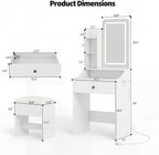 Makeup Vanity Desk, Vanity Table Set with Mirror and Lights, Small Vanity with Storage Bench, Charging Station and Hair Dryer Holder, Dressing Table with Drawer and Three Shelves, White