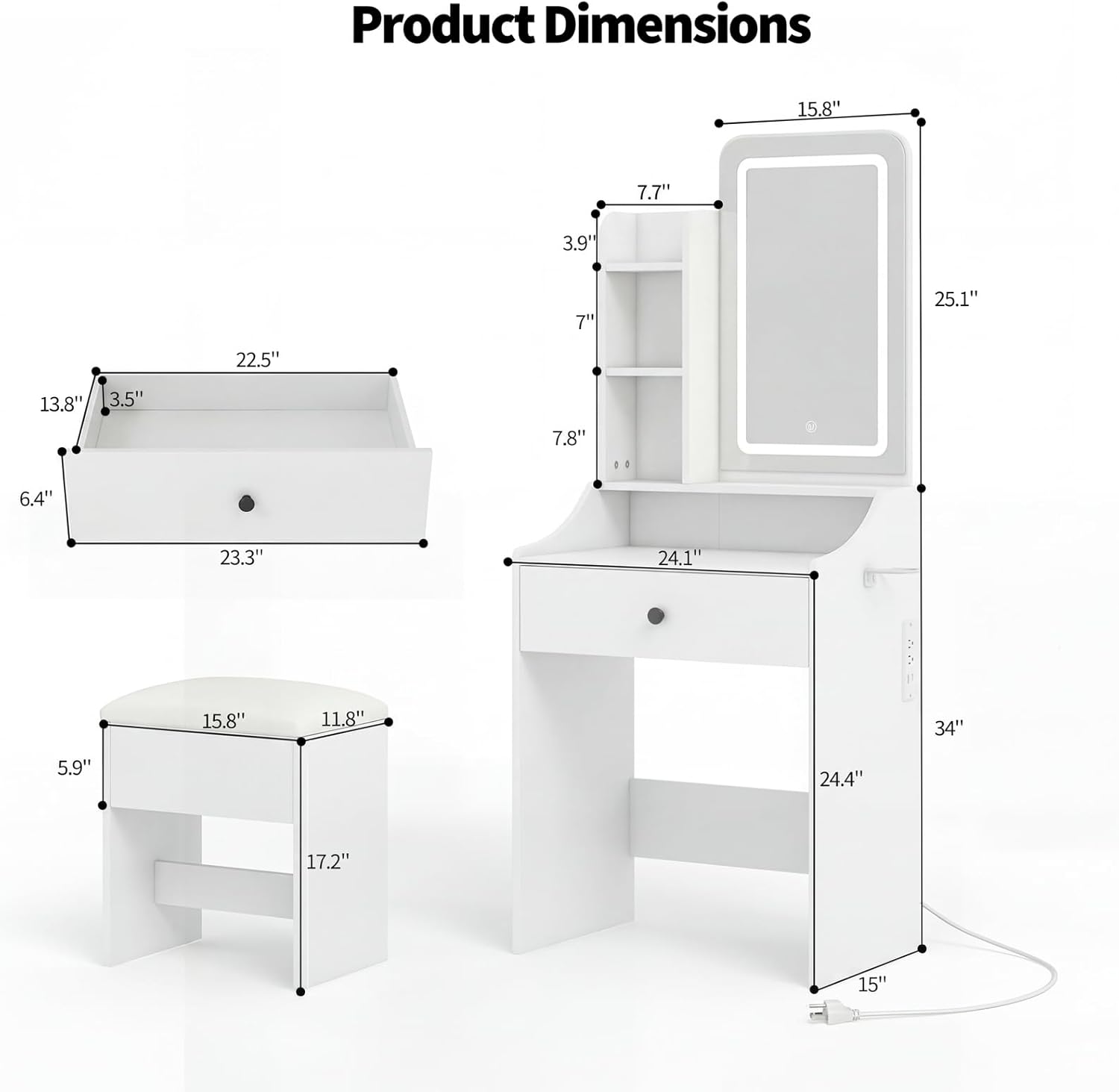 Makeup Vanity Desk, Vanity Table Set with Mirror and Lights, Small Vanity with Storage Bench, Charging Station and Hair Dryer Holder, Dressing Table with Drawer and Three Shelves, White
