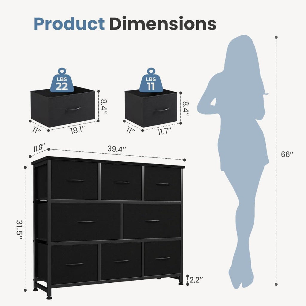 TV Stand, Dresser with 8 Fabric Drawers, Spacious Storage Tower for Closet, TV Stand with Wood Top and Mental Frame, Storage Unit for Living Rooms, Bedroom and Entryway, Black