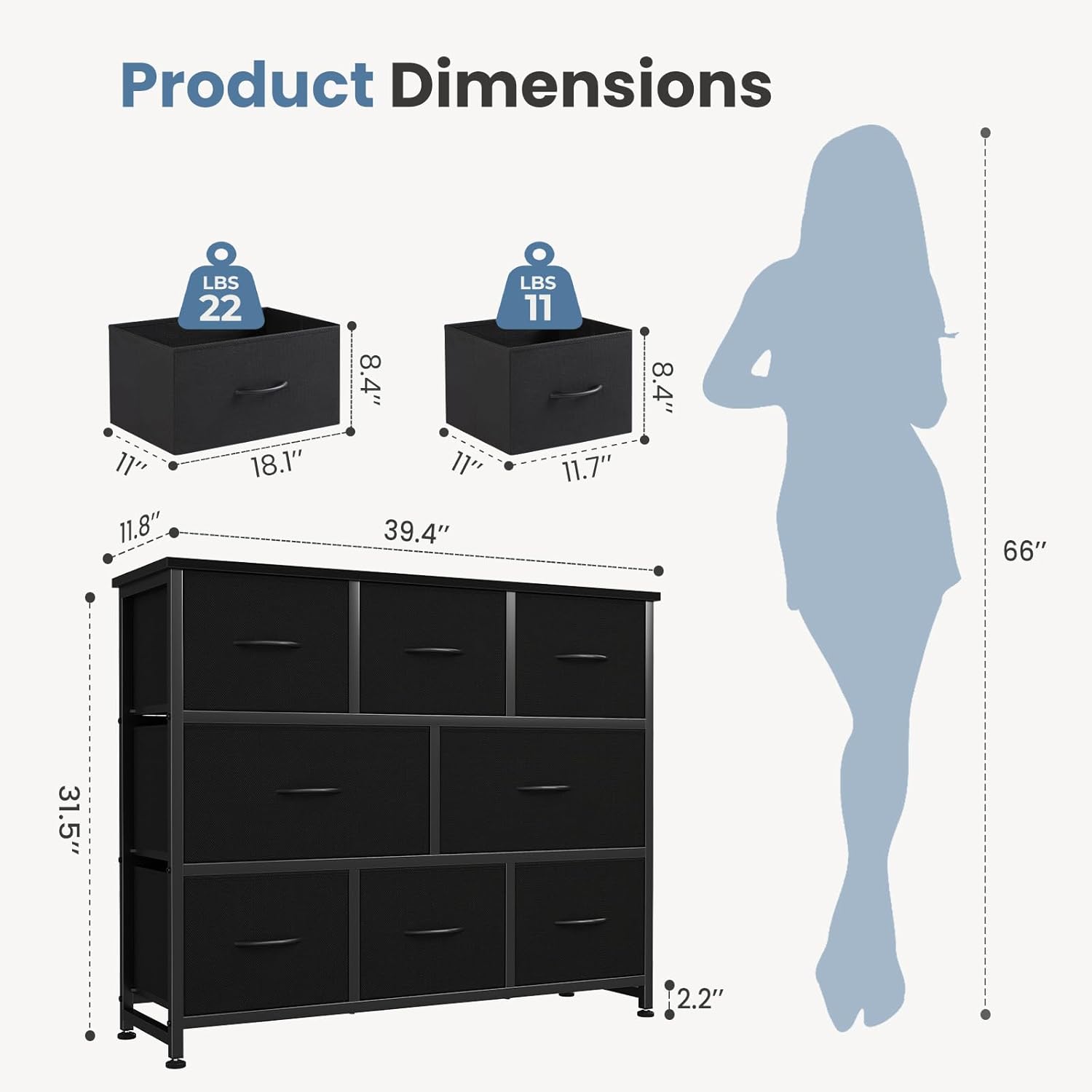 TV Stand, Dresser with 8 Fabric Drawers, Spacious Storage Tower for Closet, TV Stand with Wood Top and Mental Frame, Storage Unit for Living Rooms, Bedroom and Entryway, Black