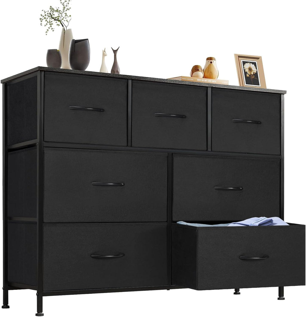 Dresser for Bedroom with 9 Storage Drawers, Large Fabric Storage Tower Organizer, Chest of Drawers with Metal Frame Wooden Top for Closet, Living Room, Entryway, Brown