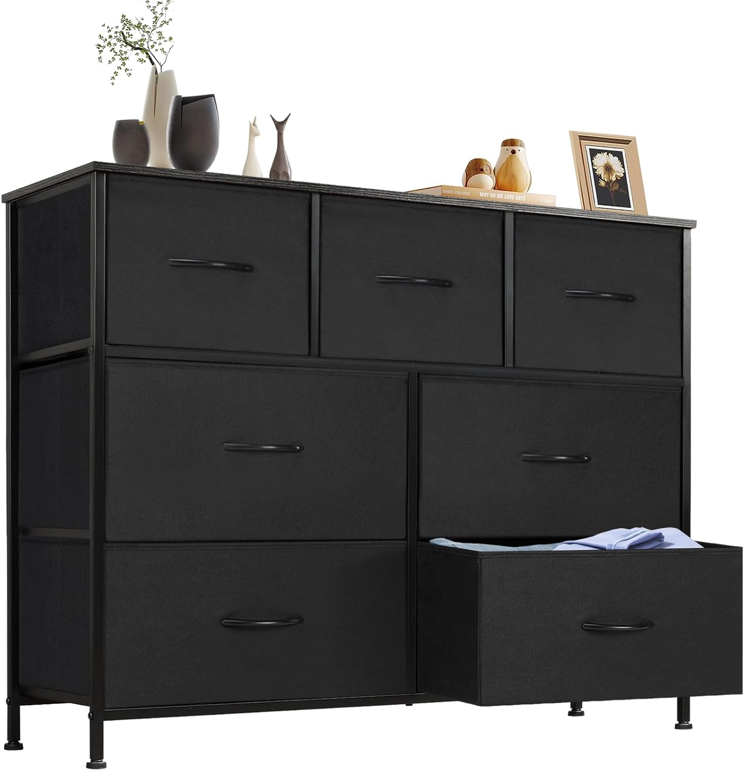 Dresser for Bedroom with 9 Storage Drawers, Large Fabric Storage Tower Organizer, Chest of Drawers with Metal Frame Wooden Top for Closet, Living Room, Entryway, Brown