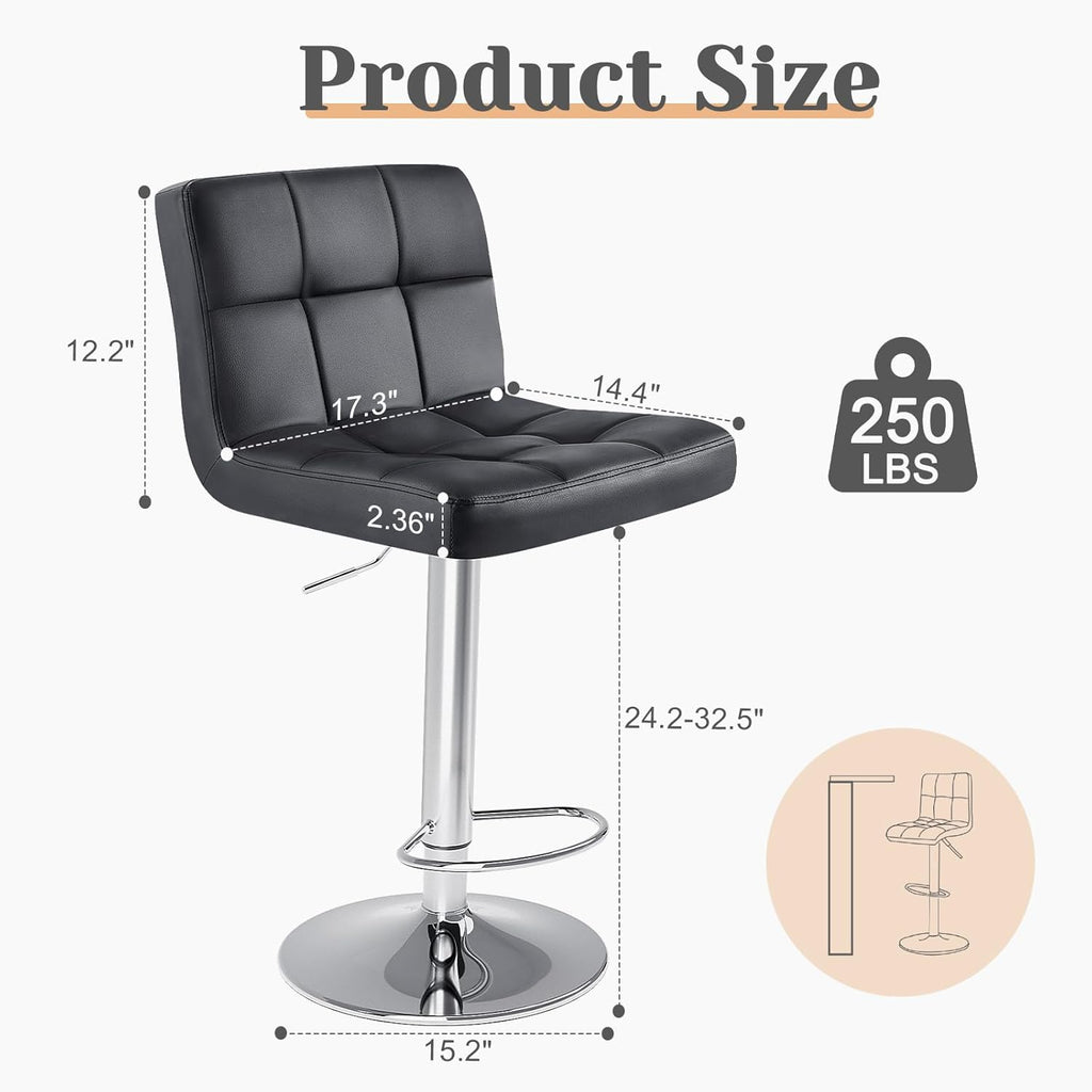Bar Stools Set of 2, Armless PU Leather Adjustable Swivel Barstools, Hydraulic Kitchen Counter Height Thickened Seat Cushion Square Island Countertop Chairs with Back, Black