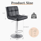 Bar Stools Set of 2, Armless PU Leather Adjustable Swivel Barstools, Hydraulic Kitchen Counter Height Thickened Seat Cushion Square Island Countertop Chairs with Back, Black