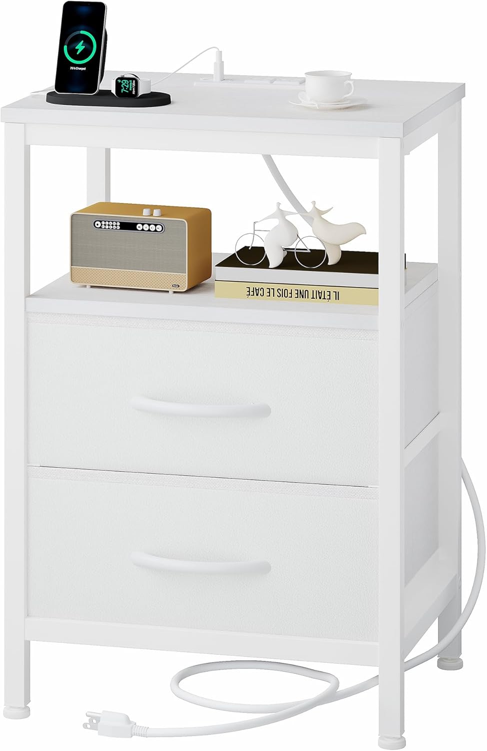Nightstand with Charging Station, Bedside Table with USB Ports & Type-C, 2 Fabric Drawers Night Stand with Open Shelf, Compact End Table for Bedroom, White