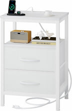 Nightstands Set of 2 with Charging Station, Bedside Table with USB Ports & Type-C, 2 Fabric Drawers Night Stand with Open Shelf, Compact End Table for Bedroom, White