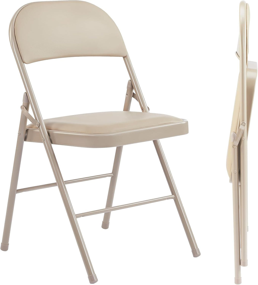 Folding Chair 4 Pack, Leather Padded Foldable Chairs, Sturdy Metal Portable Chairs, Easy to Use and Store, Outdoor and Indoor, for Home, Office, Party, Garden, Kahki