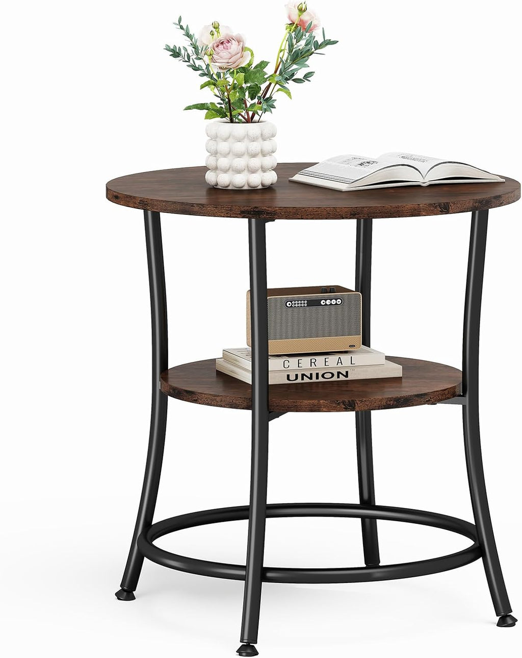 Side Round Table for Living Room, 2-Tier Accent End Table with Storage Shelf,Sturdy Metal Frame Nightstand for Small Space, Round Bedside, Grey Wood Grain