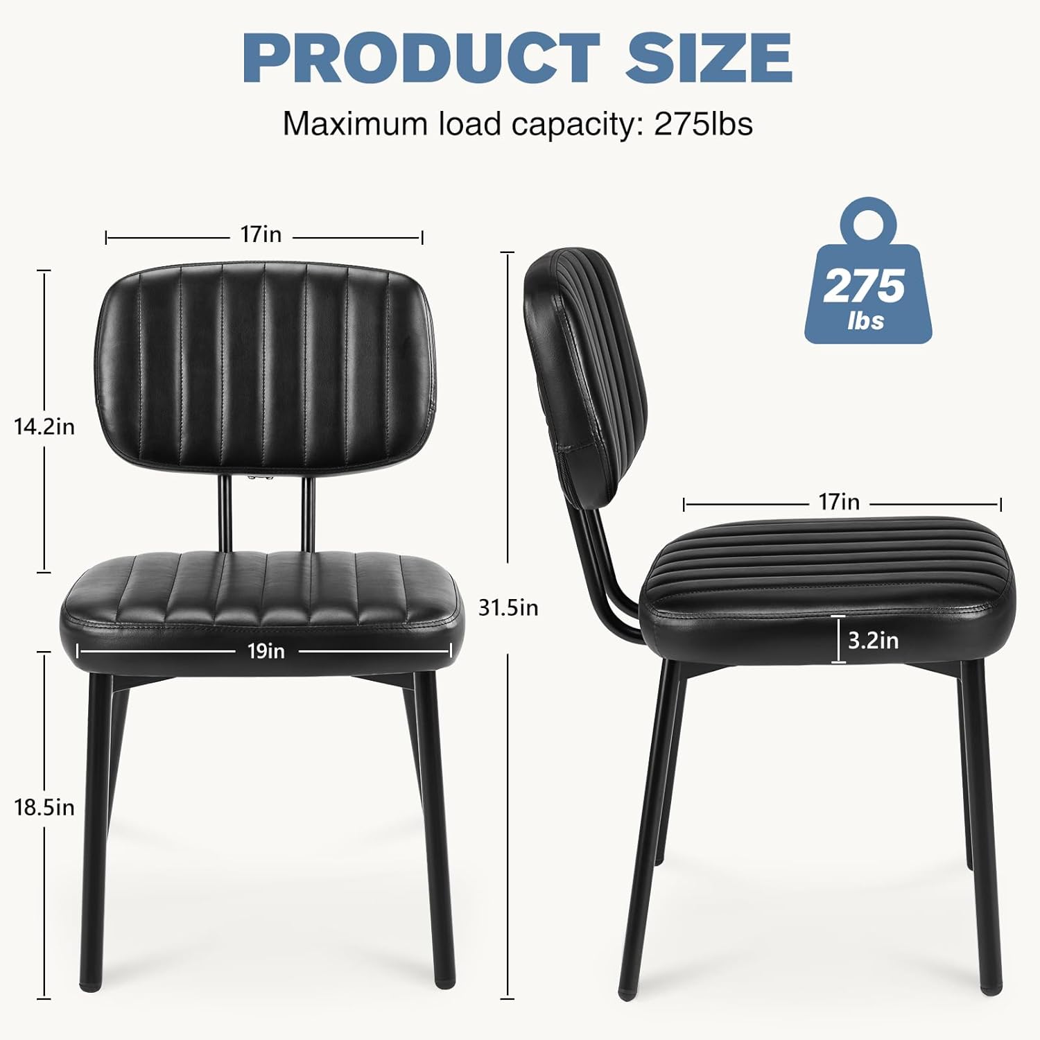 Dining Chairs Set of 6, Upholstered Mid-Century PU Leather Accent Chair with Backrest and Metal Legs for Kitchen, Living Room, Black