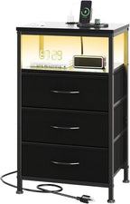 Nightstand Set of 2 with Wireless Charging Station Bed Side Tables with Adjustable Fabric Drawers 3-Tier Storage End Tables Modern Design,Black