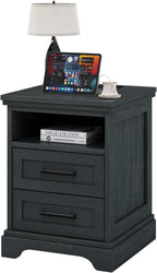 Nightstand with Charging Station, Wood Farmhouse Bedside Table with 2 Drawers and Open Shelf, Wood End Table, Modern Side Table for Bedroom, Black