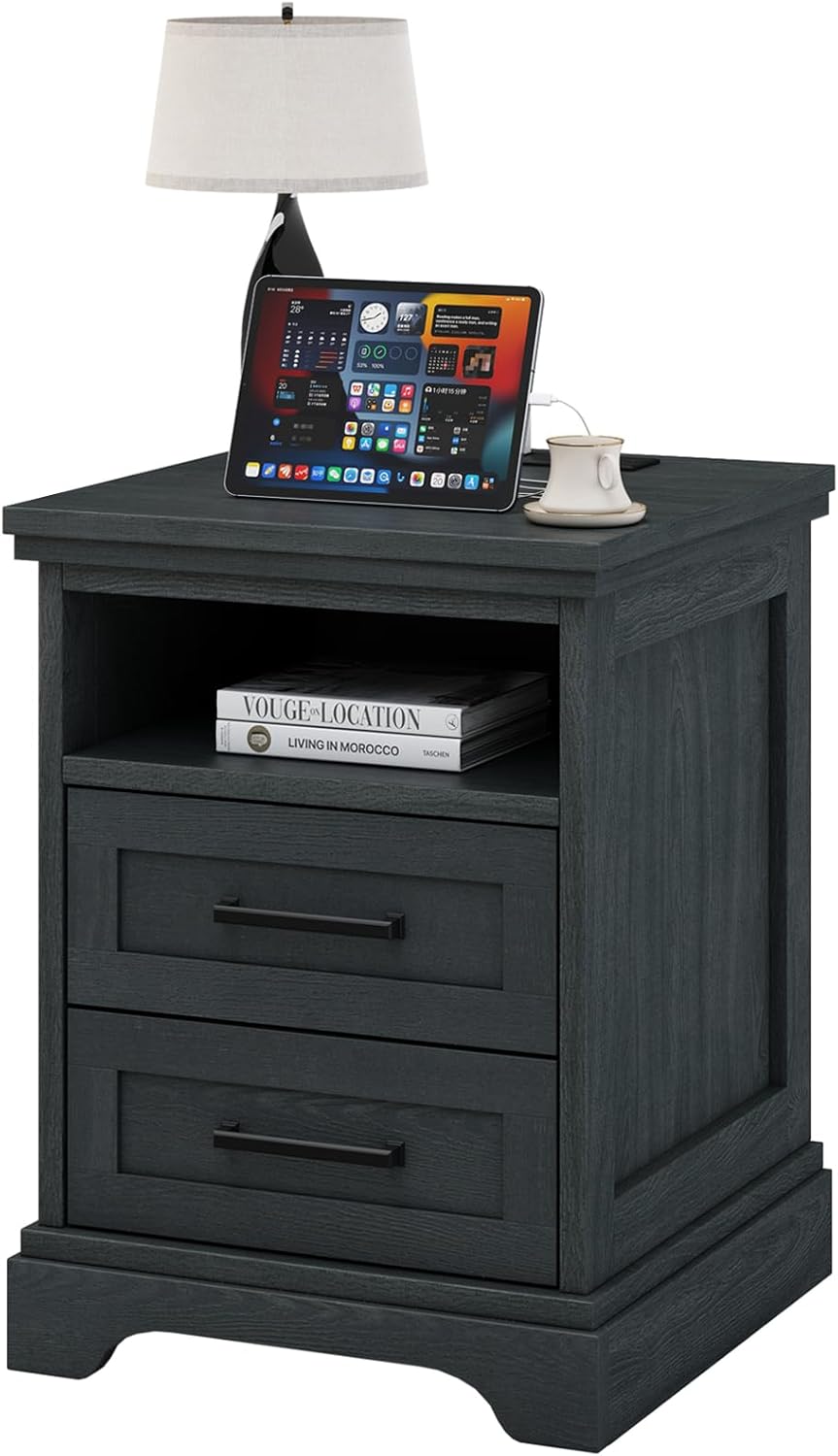 Nightstand with Charging Station, Wood Farmhouse Bedside Table with 2 Drawers and Open Shelf, Wood End Table, Modern Side Table for Bedroom, Black
