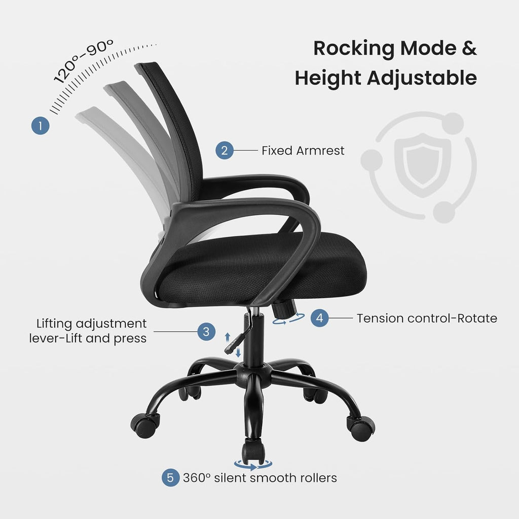 Office Desk Chair - Ergonomic Mid Back with Lumbar Support & Rocking Mode, Height Adjustable with Fixed Armrest, Storage Back for Computer, Gaming, Conference, Meeting, 360?? Swivel, Black