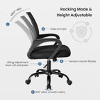Office Desk Chair - Ergonomic Mid Back with Lumbar Support & Rocking Mode, Height Adjustable with Fixed Armrest, Storage Back for Computer, Gaming, Conference, Meeting, 360?? Swivel, Black