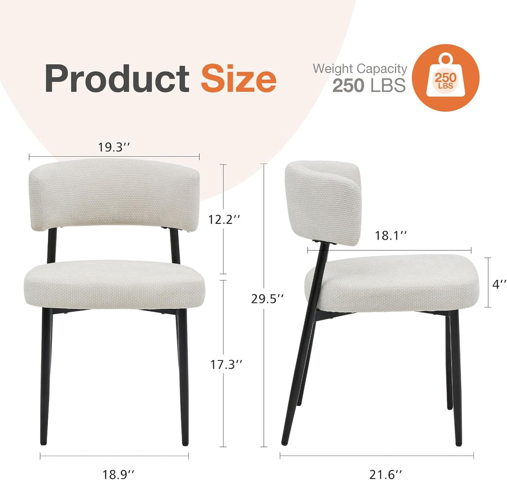 Dining Chairs Set of 4, Mid Century Modern Chair Round Upholstered Curved Backrest, Kitchen Vanity Living Room Chairs with Black Metal Legs, Beige