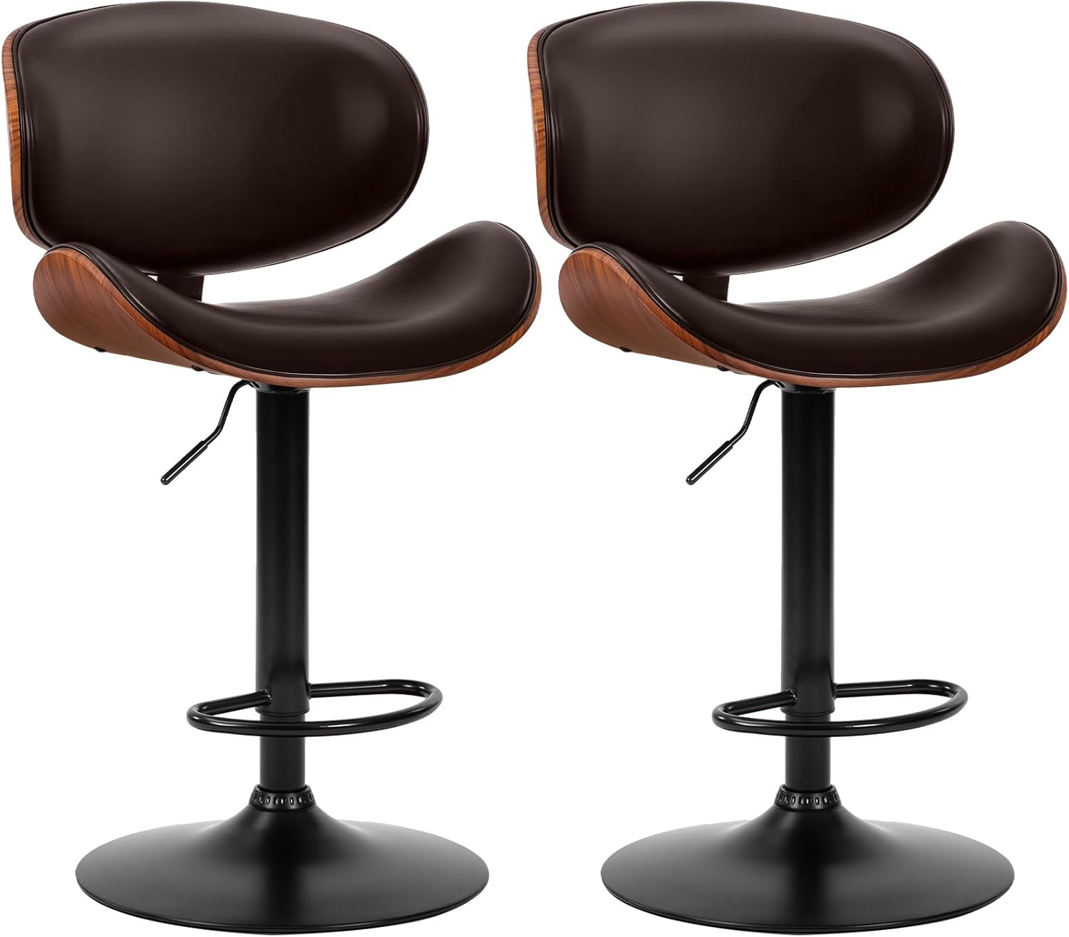 Swivel Bar Stools Set of 2, Adjustable Counter Height Bentwood BarStools, PU Leather Upholstery Bar Chair with Ergonomic Back and Footrest, Counter Stools for Bar, Home Kitchen Island, Brown