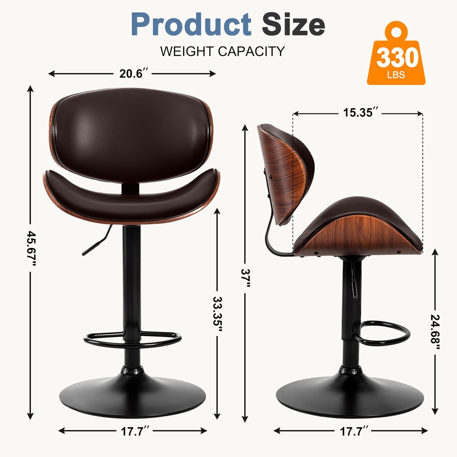 Swivel Bar Stools Set of 2, Adjustable Counter Height Bentwood BarStools, PU Leather Upholstery Bar Chair with Ergonomic Back and Footrest, Counter Stools for Bar, Home Kitchen Island, Brown